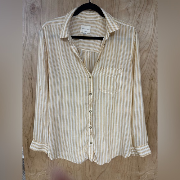 American Eagle Outfitters Tops - American Eagle Women Dress Shirt Striped Yellow Size M Long Sleeve Button Up